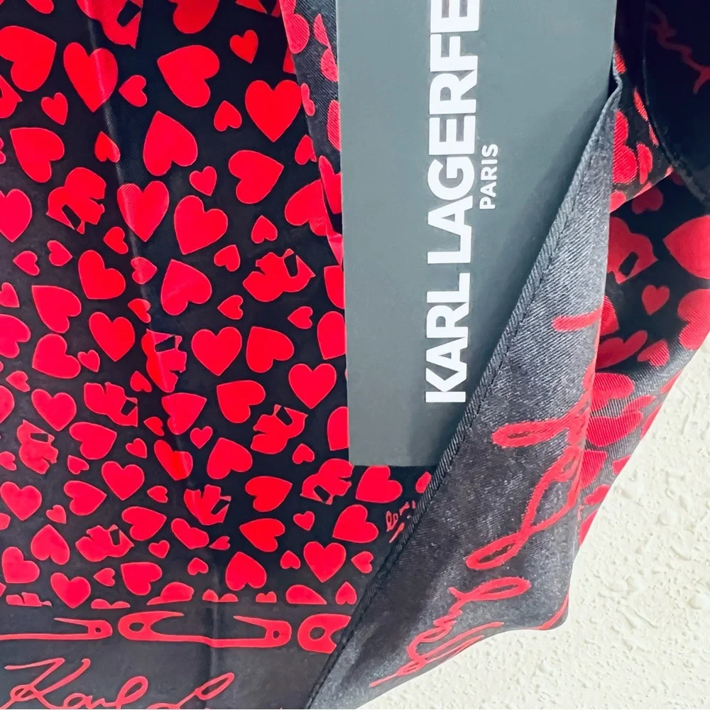 Karl Lagerfeld Paris Silk Hearts Safety Pins Red & Black Square Scarf OS NWT